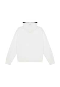 Felpa bianca con un design semplice, caratterizzata da un cappuccio bordato in nero, polsini a coste e una vestibilità leggermente ampia. Stile minimalista senza fantasie.