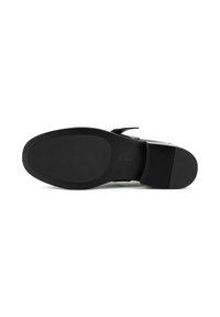 Sole of black leather dress shoe with textured rubber grip on heel and forefoot, showing size 37 marking, on white background.