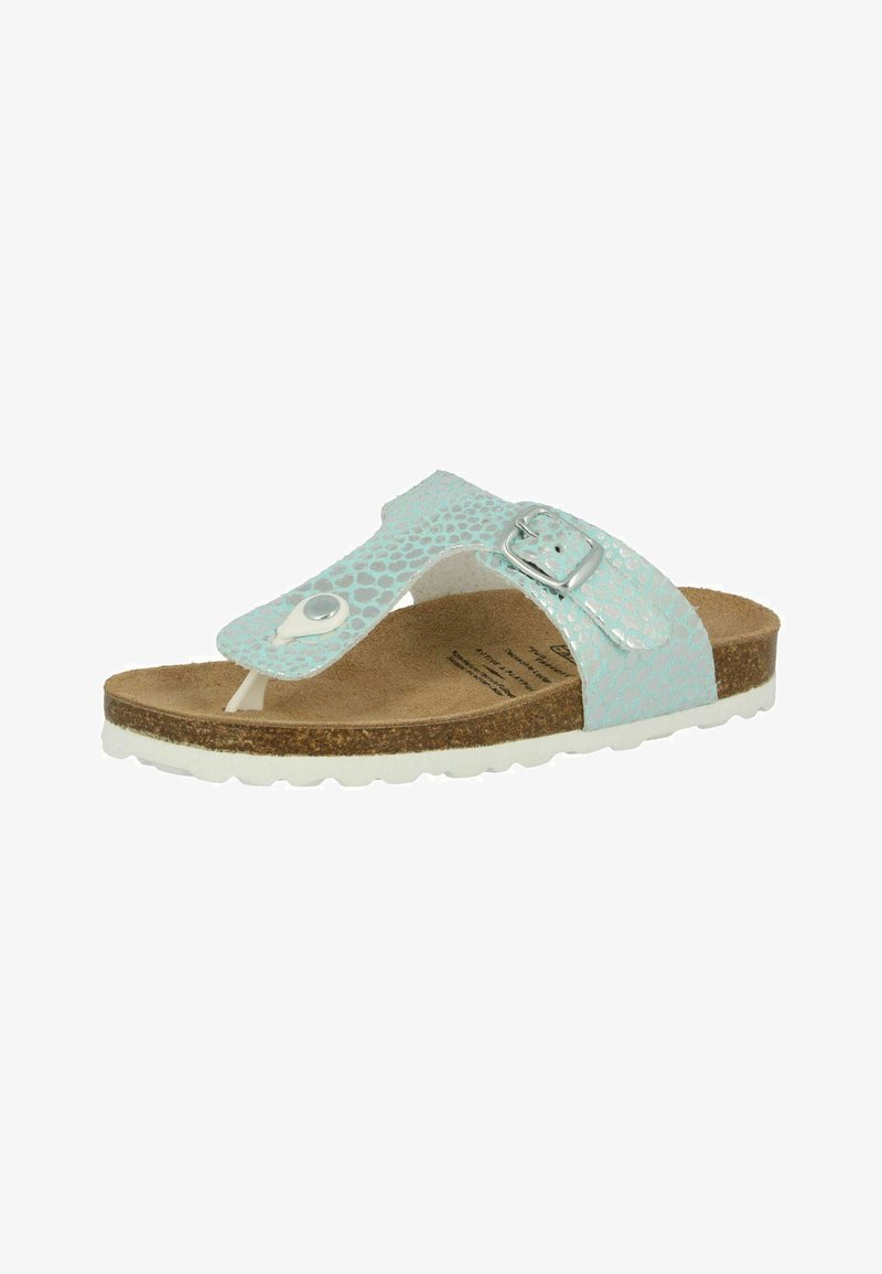 Blue patterned thong sandal with a buckle strap, cork footbed, and white rubber sole. Textured upper with a reptile skin effect.