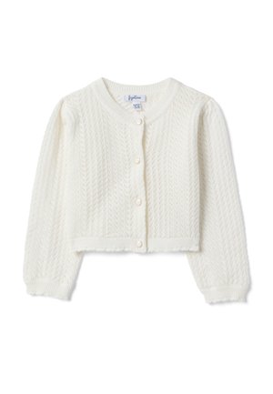 Cardigan bianco per neonati, lavorato a maglia, con maniche lunghe a sbuffo, scollo rotondo, chiusura frontale con bottoni e motivo a zigzag in rilievo.