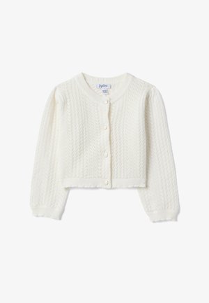 Cardigan blanc pour bébé en tricot avec manches longues bouffantes, encolure ronde, fermeture boutonnée à l'avant et motif chevron texturé.