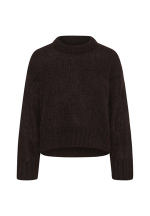 Dunkelbrauner Wollpullover mit rundem Ausschnitt, verkürzter Silhouette und langen Ärmeln. Verfügt über ein strukturiertes Strickmuster.