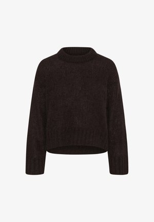 Dark brown wool sweater with a rounded neckline, cropped silhouette, and long sleeves. Features a textured knit pattern.