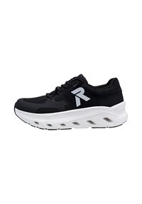 Sneaker atletica nera con suola spessa bianca e un logo bianco stilizzato "R" sul lato, realizzata in materiali in rete e sintetici.