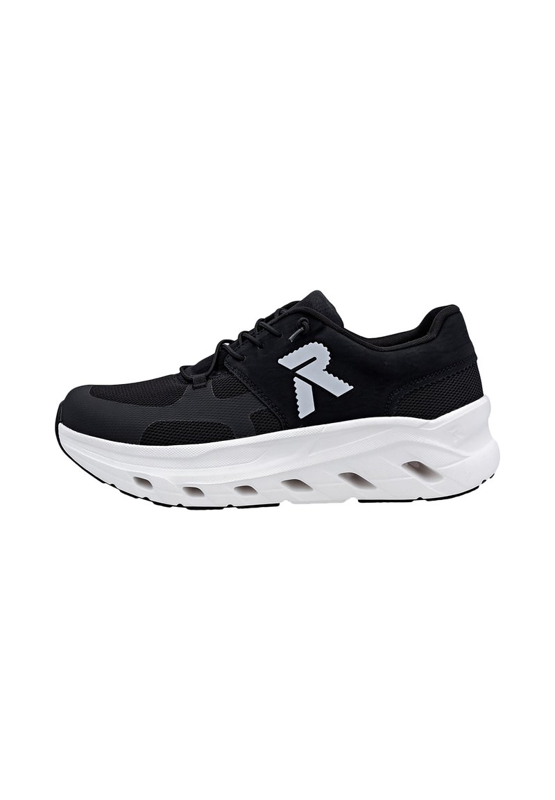 Sneaker atletica nera con suola spessa bianca e un logo bianco stilizzato "R" sul lato, realizzata in materiali in rete e sintetici.