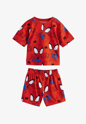 Kaheosaline laste uneriiete komplekt, millel on punane särk, millel on Spider-Mani graafika ja sinised aktsendid, koos sobivate punaste lühikestega.