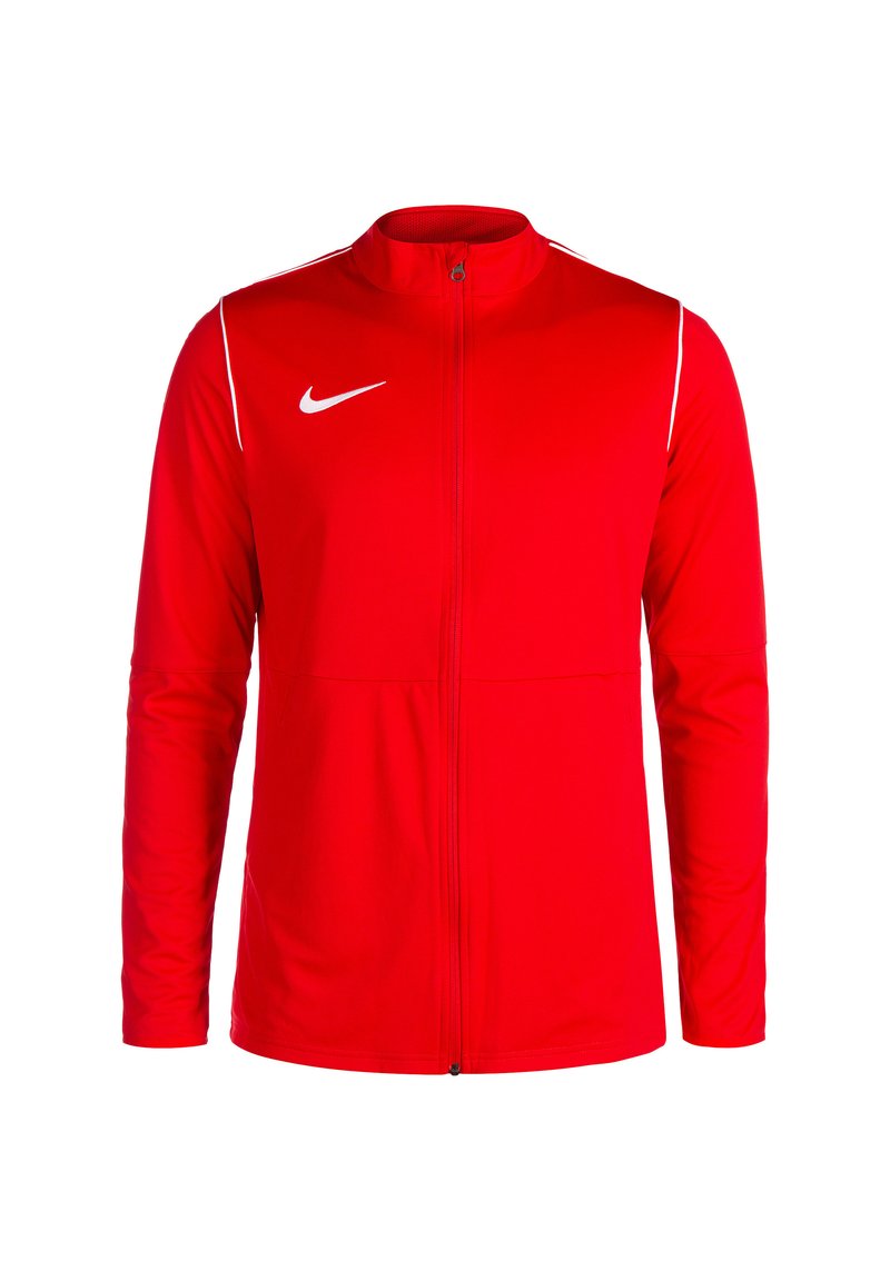 Rote Sportjacke aus glattem Material, mit hohem Kragen, durchgehendem Reißverschluss und weißen Seitenakzenten sowie einem Logo auf der Brust.