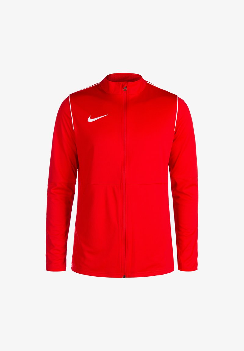 Rote Sportjacke aus glattem Material, mit hohem Kragen, durchgehendem Reißverschluss und weißen Seitenakzenten sowie einem Logo auf der Brust.