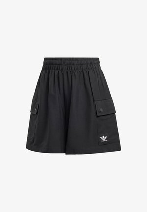 Zwarte shorts van lichtgewicht materiaal, met een rekbare tailleband, twee zijzakken en een klein wit Adidas-logo op de voorkant.