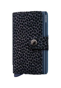 Leren portemonnee met een zwart en paars textuurpatroon, voorzien van een drukknoopsluiting en een zijcompartiment voor kaarten.