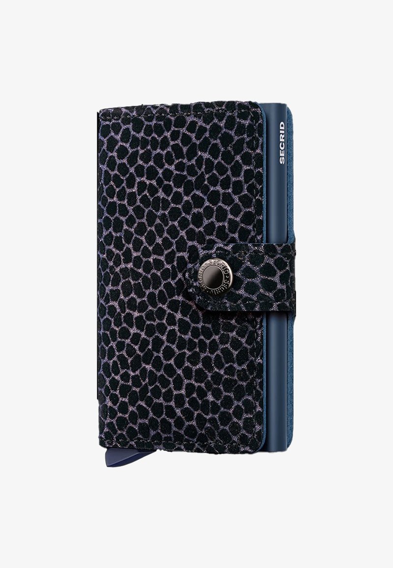 Leren portemonnee met een zwart en paars textuurpatroon, voorzien van een drukknoopsluiting en een zijcompartiment voor kaarten.