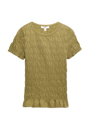 Blusa verde oliva a maniche corte con tessuto arricciato e orlo arricciato, caratterizzata da scollo rotondo e polsini delle maniche arricciati.