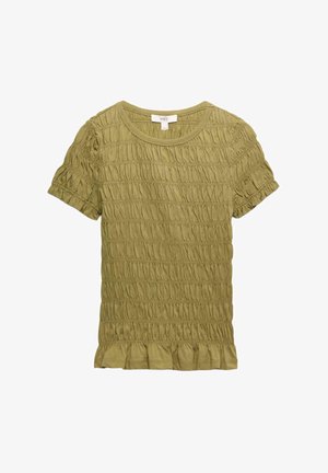 Oliwkowa, krótka bluzka z marszczonym materiałem i marszczonym dołem, z okrągłym dekoltem i marszczonymi mankietami na rękawach.