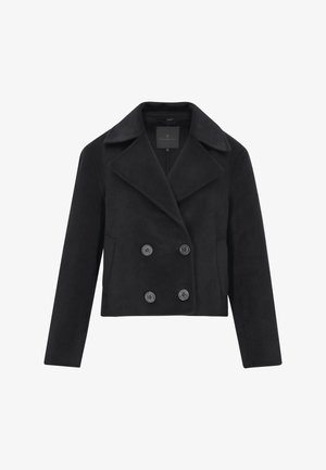 Jachetă cropped neagră din suede moale, cu un design cu două rânduri de nasturi, revere cu colțuri și nasturi mari, rotunzi. Include buzunare laterale.