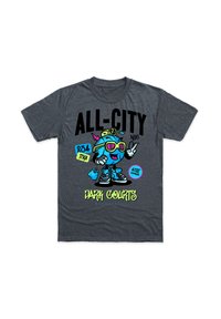 Grå bomullströja med färggrafisk tryck av en tecknad karaktär med solglasögon, texten "ALL-CITY" och "DARK COURTS" i fet stil.