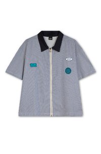 Short-sleeve shirt with a zip front, navy collar, and vertical white and navy stripes. Features three patches in teal and white.