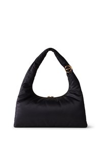 Black padded shoulder bag with a curved top handle, featuring a gold-tone circular accent and zip closure. Textured material with a soft finish.