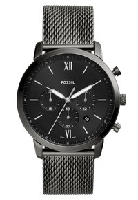 Black chronograph watch with a mesh metal strap. Features white hour markers, sub-dials, and a date window at 6 o'clock.