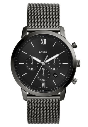 Black chronograph watch with a mesh metal strap. Features white hour markers, sub-dials, and a date window at 6 o'clock.