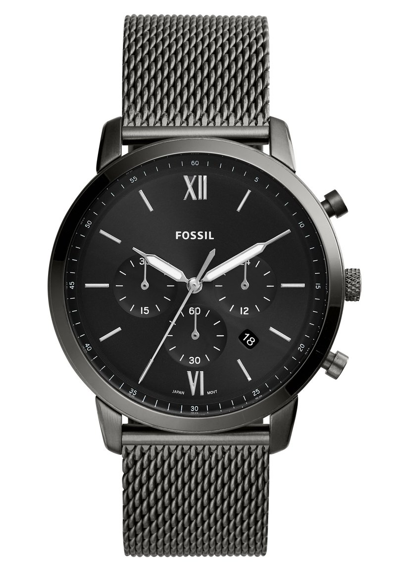 Black chronograph watch with a mesh metal strap. Features white hour markers, sub-dials, and a date window at 6 o'clock.