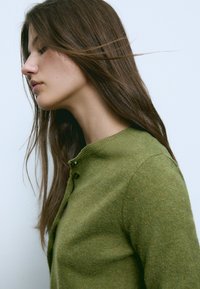 Giovane con lunghi capelli castani che indossa un maglione verde con bottoni, che guarda verso il basso su uno sfondo chiaro e uniforme.