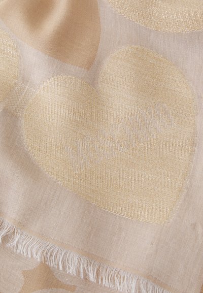 Beige scarf with woven gold heart patterns and fringed edges. Textured fabric with subtle shine and "Moschino" embroidered.