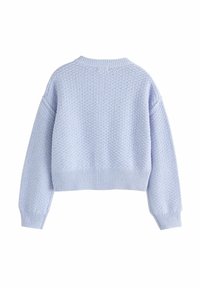 Hellblauer, gestrickter, kurzer Pullover mit strukturiertem Muster, gerippten Bündchen und Saum. Verfügt über einen runden Halsausschnitt und leicht übergroße Ärmel.