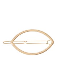 Aukso tonas plaukų segtukas pailgo ovalo forma, su lygia apdaila ir metaliniu užsegimu, užtikrinančiu saugų pritvirtinimą.