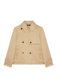 Beige dubbelknäppt kappa med en strukturerad krage, två framfickor och dekorativa knappar; slätt tyg med en skräddarsydd passform.