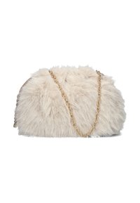 Faux-Fur-Clutch in hellbeige mit weicher Textur. Sie verfügt über einen goldenen Kettenriemen und eine runde Form, geeignet für abendliche Anlässe.