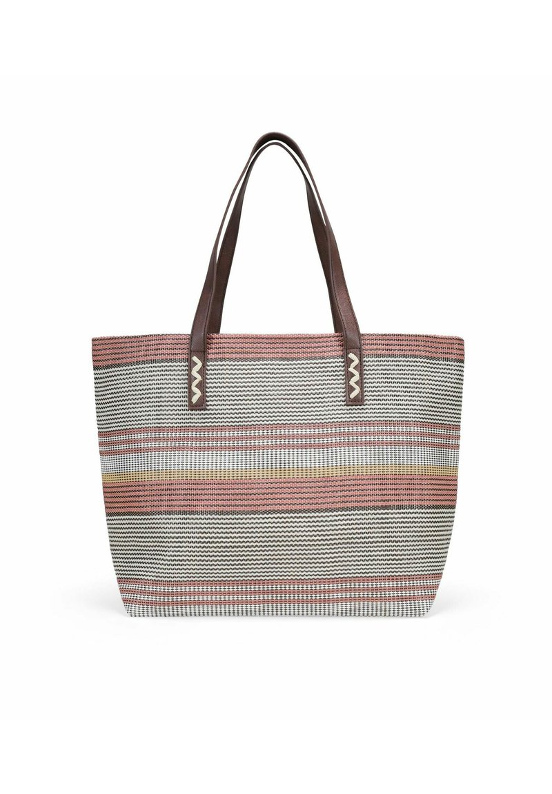 Borsa a tracolla a righe realizzata in tessuto intrecciato nei toni del grigio, rosa e giallo, con manici in pelle marrone e dettagli decorativi in metallo.