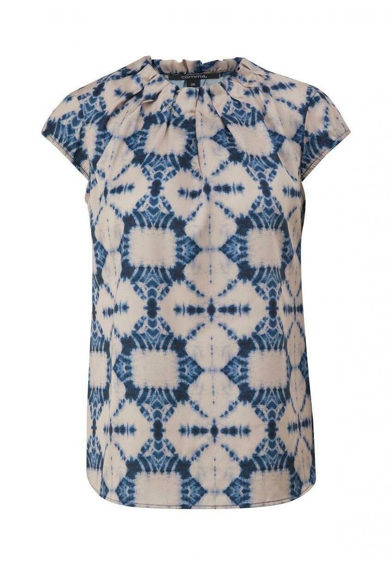 Blusa a maniche corte con scollatura tonda, caratterizzata da un motivo tie-dye blu e bianco, tessuto leggero e vestibilità comoda.