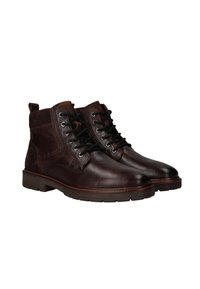 Bruine leren enkelboots met een gladde afwerking, ronde neus, vetersluiting en een textuur bovenstuk. Rubberen zool voor grip.
