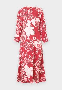 Rotes Kleid mit langen Ärmeln und einem weißen Wirbelmuster. Aus glattem Stoff gefertigt, verfügt es über einen runden Ausschnitt und einen Reißverschluss auf der Rückseite.