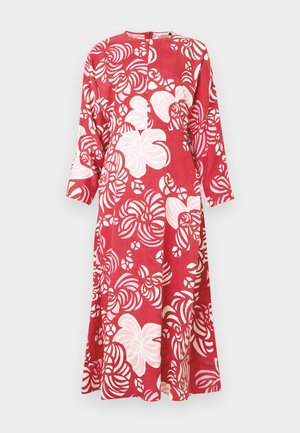 Rotes Kleid mit langen Ärmeln und einem weißen Wirbelmuster. Aus glattem Stoff gefertigt, verfügt es über einen runden Ausschnitt und einen Reißverschluss auf der Rückseite.