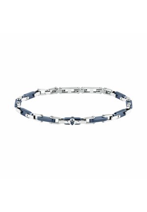 Bracciale a maglie color argento e blu scuro con un piccolo emblema del logo del tridente al centro di un anello.