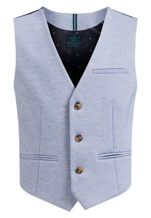 Lyseblå vest i struktureret stof med V-udskæring, tre knapper, to forlommer og foret med sort mønstret stof.