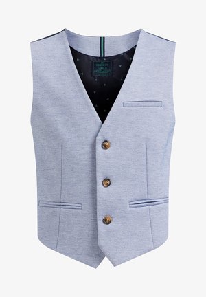 Hellblaues Weste aus strukturiertem Stoff mit V-Ausschnitt, drei Knöpfen, zwei vorderen Taschen und einem gemusterten schwarzen Innenfutter.