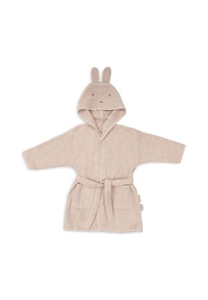 Peignoir beige doux pour tout-petit avec capuche avec oreilles de lapin et visage, poches avant et ceinture à nouer à la taille, posé à plat avec les bras étendus.