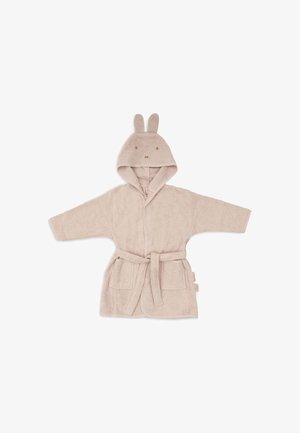 Peignoir beige doux pour tout-petit avec capuche avec oreilles de lapin et visage, poches avant et ceinture à nouer à la taille, posé à plat avec les bras étendus.
