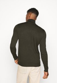 Ciemnozielony sweter z golfem, dziany, z długimi rękawami, ściągaczami przy mankietach i u dołu. Nosi się go na jasne spodnie, widok od tyłu.