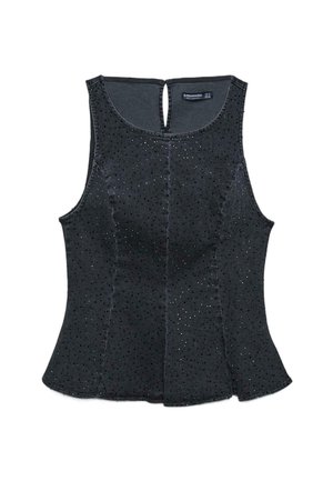 Crna majica bez rukava s pripijenim gornjim dijelom i proširenim rubom. Tekstura tkanine s raspršenim sjajnim ukrasima. Okrugli otvor na leđima.