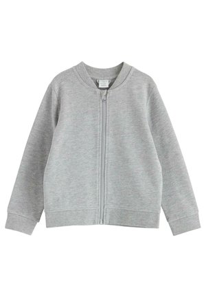 Jasnoszara bluza rozpinana na zamek z prążkowanym kołnierzem, mankietami i dołem, prezentowana na białym tle.
