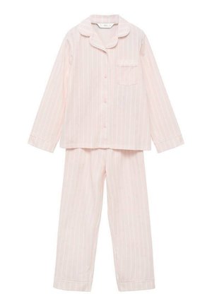 Ljust rosa randig pyjamasset bestående av en skjorta med knappar och ficka samt långa byxor, tillverkad av mjukt tyg med en slät textur.
