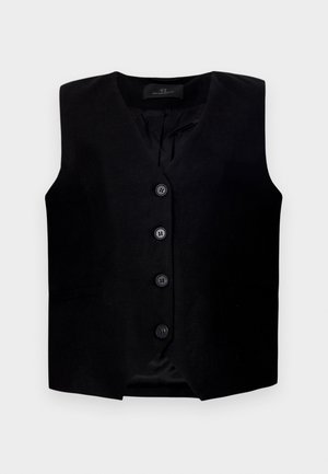 Gilet senza maniche nero realizzato in tessuto testurizzato, con scollatura a V, cinque bottoni sul davanti e discreti taschini laterali.