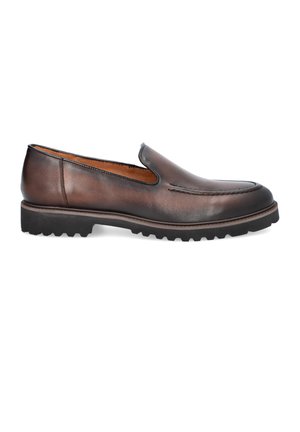 Brązowe skórzane buty wsuwane z okrągłym noskiem, dekoracyjnym przeszyciem oraz solidną gumową podeszwą. Gładka faktura z minimalnymi akcentami designerskimi.