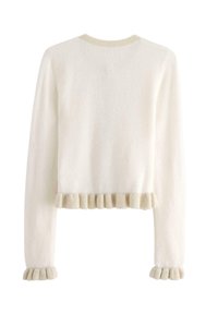 White cropped sweater made from fluffy material, featuring ribbed beige accents at the collar and ruffled details at the hem and cuffs.