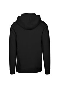 Schwarzer Kapuzenpullover mit glatter Textur, großer Kapuze, langen Ärmeln sowie gerippten Bündchen und Saum. Keine sichtbaren Logos oder Muster.