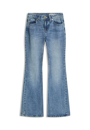 Jean en denim bleu avec une taille haute et des jambes évasées, doté de poches avant et d'une fermeture à bouton.