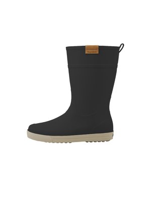 Black mid-calf rain boot with beige rubber sole and pull tab, featuring a small brown label near the top with brand text.